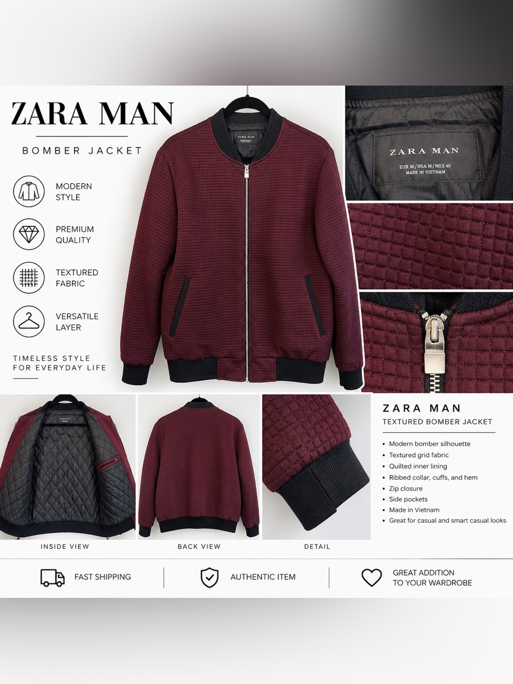 Zara Man Burgundy Quilted Bomber Jacket